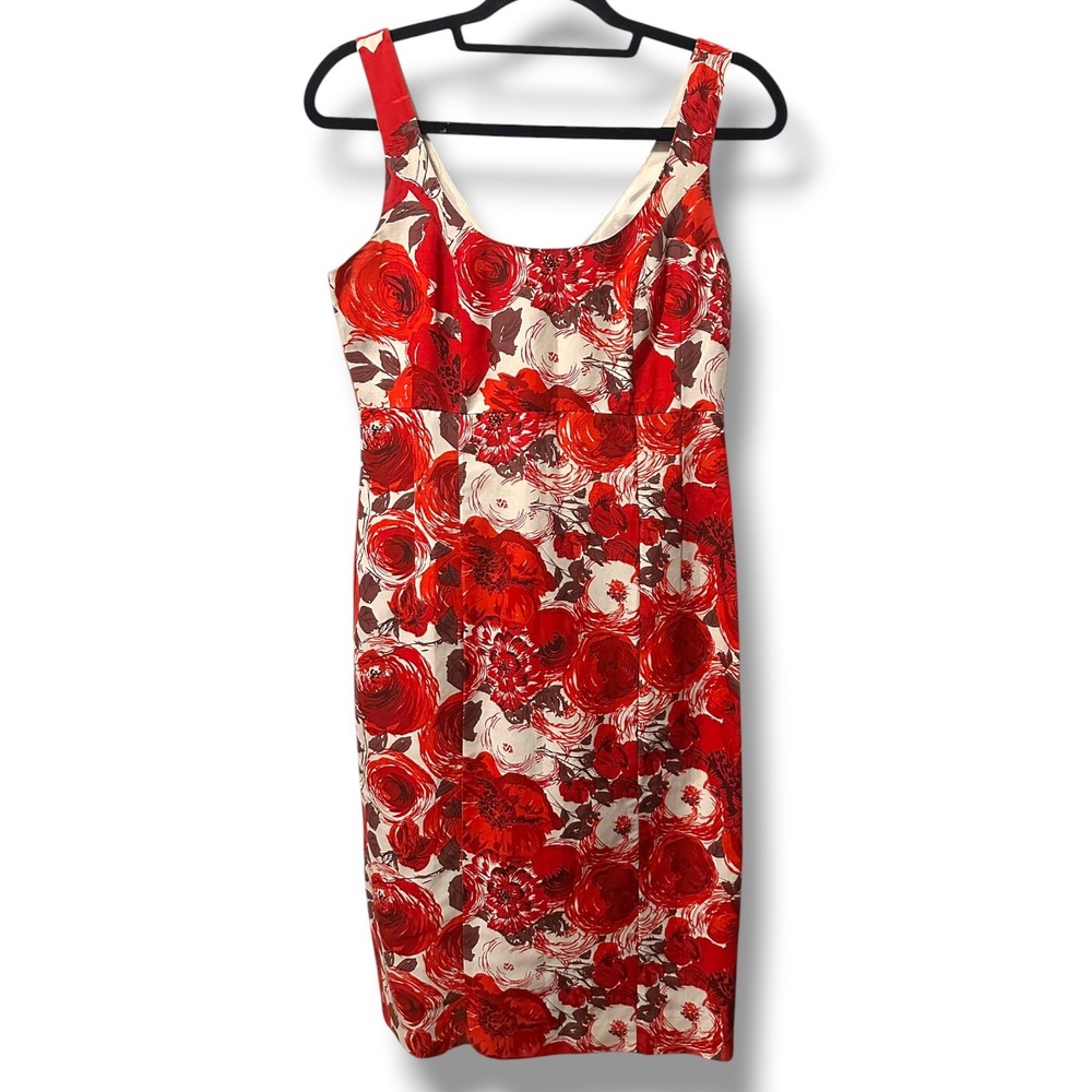 L.K. Bennett Red Floral Silk Linen Sheath‎ Dress 2 Wedding Guest Cocktail Luxury